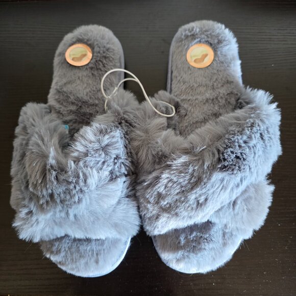 NEW Women’s Memory Foam Slippers Dena Lives Gray Fur Crossover Size Large (9-10) - Picture 2 of 6